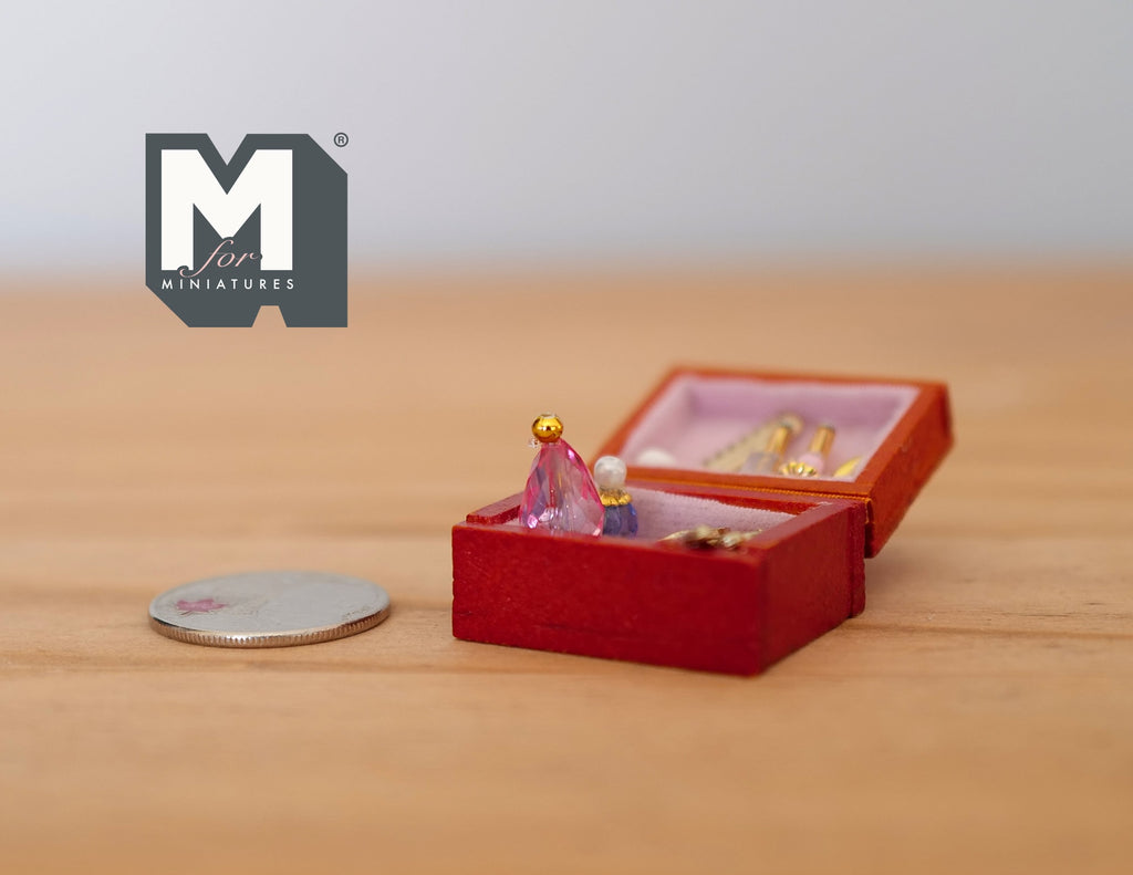 1:12 Scale Miniature Vanity Box with Mirror and Accessories, 1-3/16 inch long, DIY Dollhouse Supply (red)