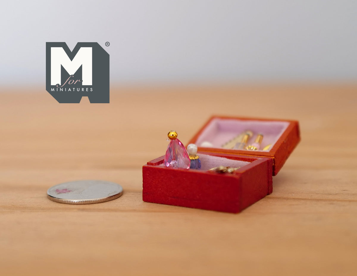 1:12 Scale Miniature Vanity Box with Mirror and Accessories, 1-3/16 inch long, DIY Dollhouse Supply (red)