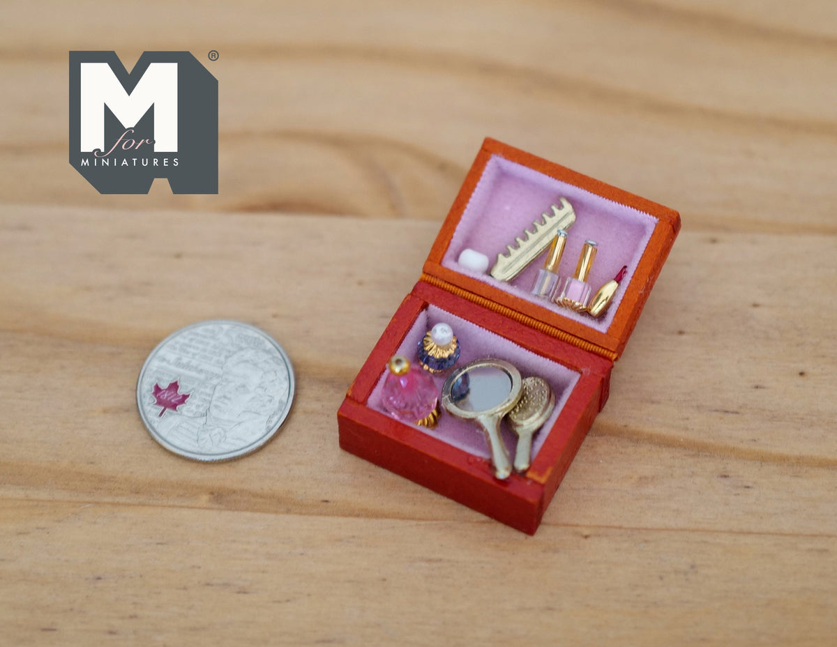 1:12 Scale Miniature Vanity Box with Mirror and Accessories, 1-3/16 inch long, DIY Dollhouse Supply (red)