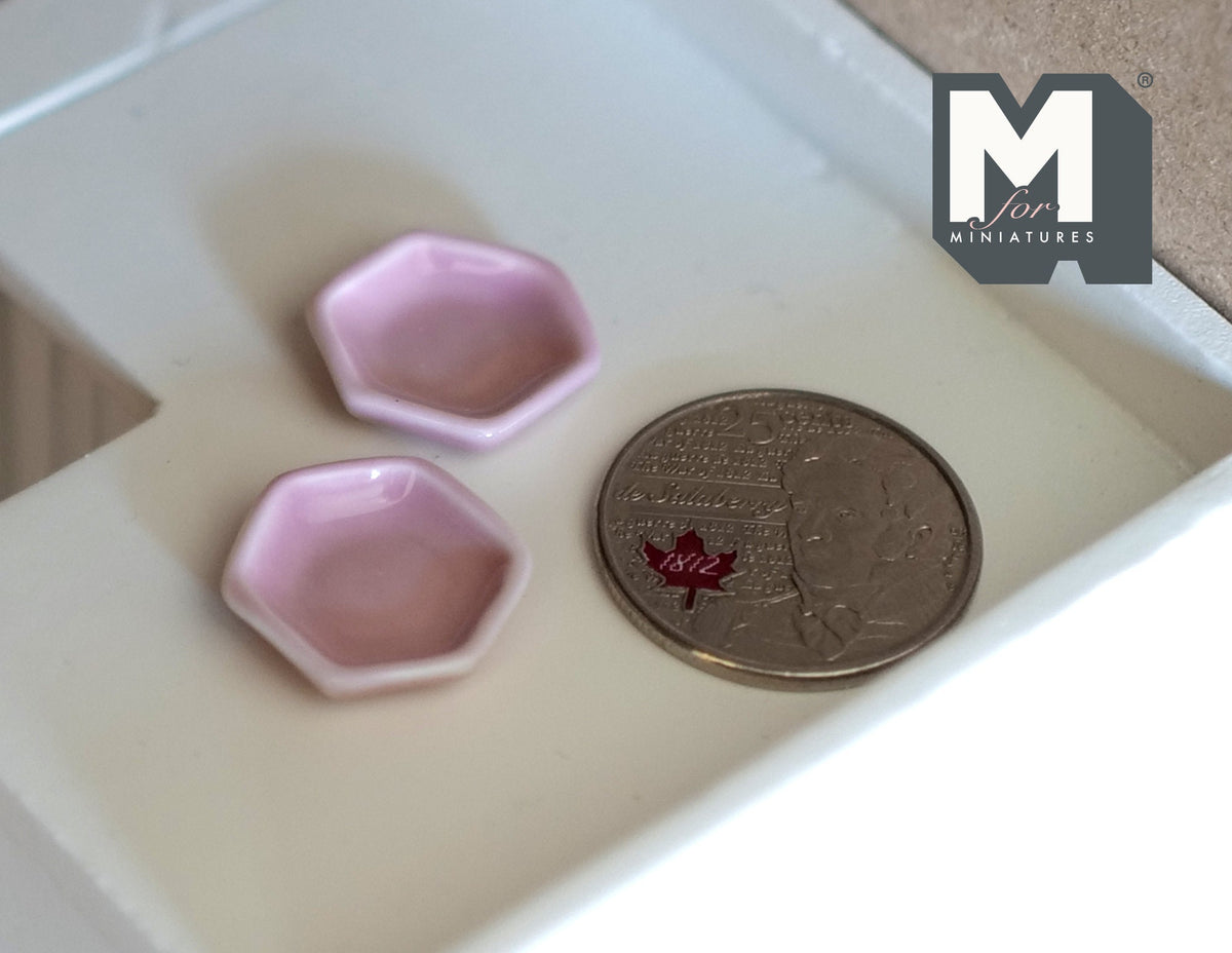 1:12 Scale Miniature Hexagonal Small Plates, Set of 2, 11/16 inch wide, DIY Dollhouse Supply (pink)