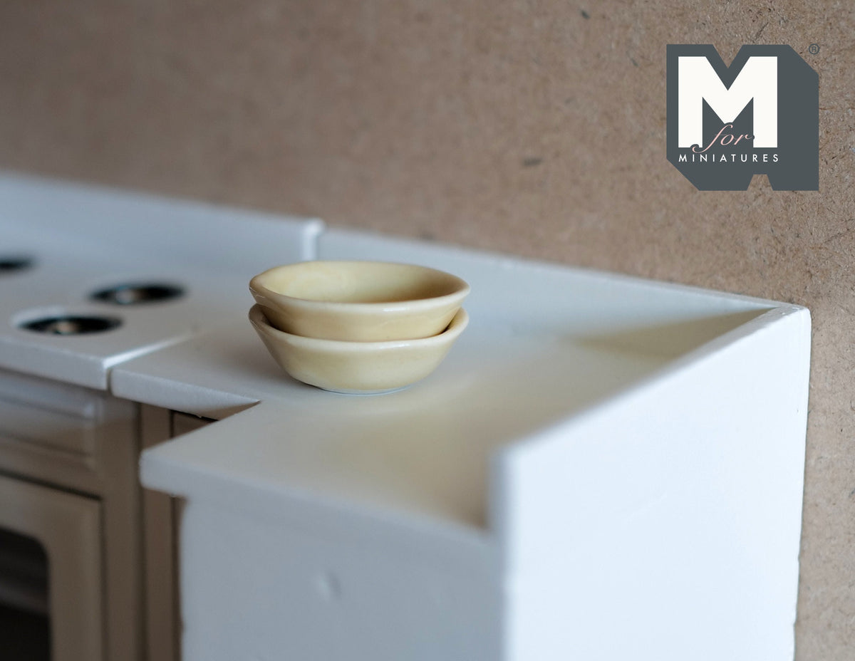 1:12 Scale Miniature Ceramic Bowls, Set of 2, 1-1/8 inch dia., DIY Dollhouse Supply (pale yellow)