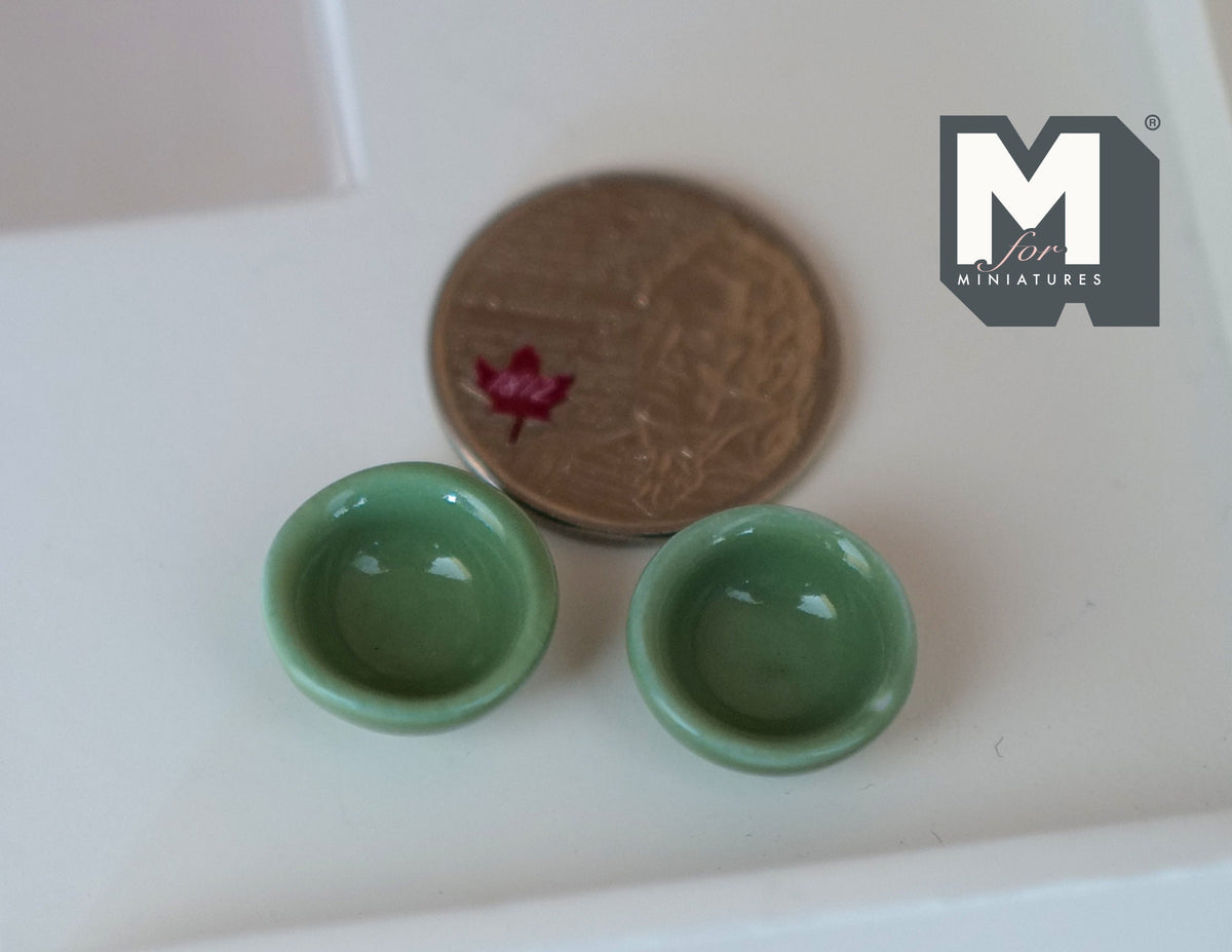 1:12 Scale Miniature Ceramic Nesting Bowls, Set of 2, 5/8 inch dia., DIY Dollhouse Supply (green)