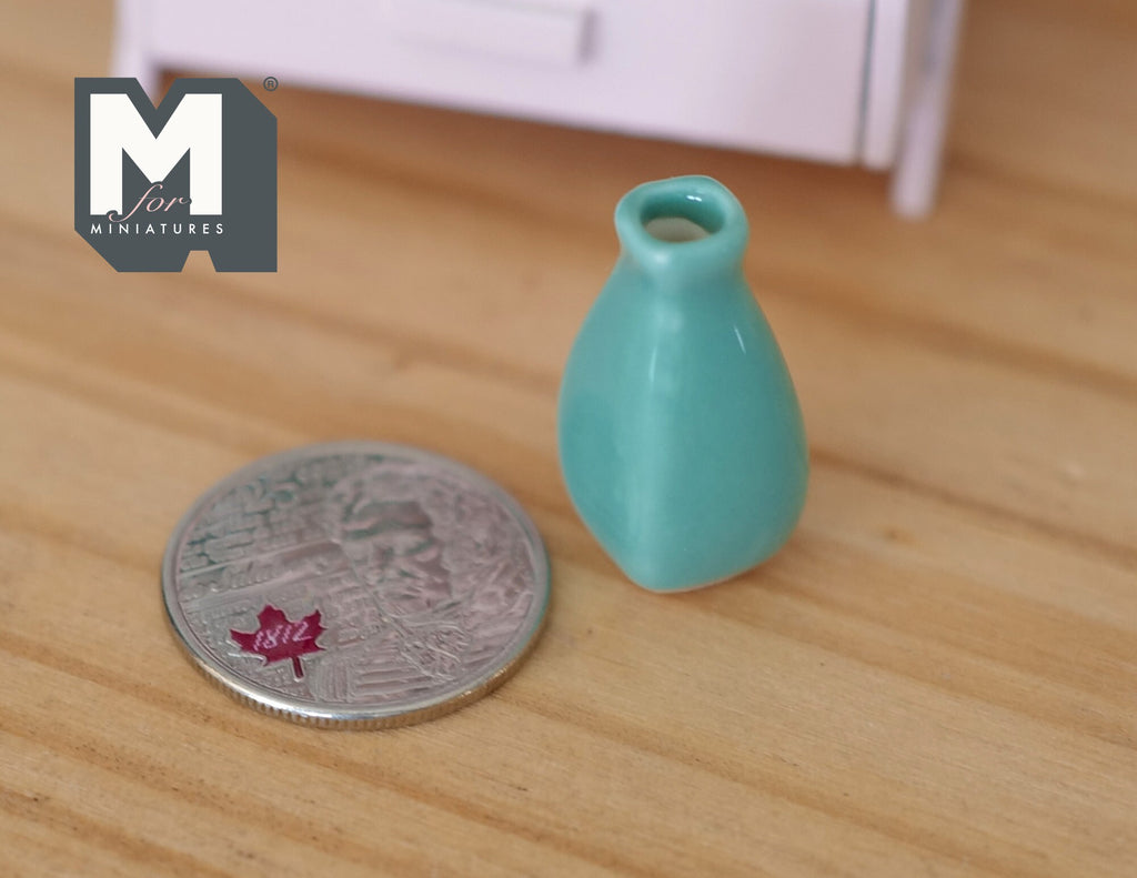 1:12 Scale Miniature Ceramic Bottle Vase, Narrow Neck, 1-1/16 inch tall, DIY Dollhouse Supply (teal green)