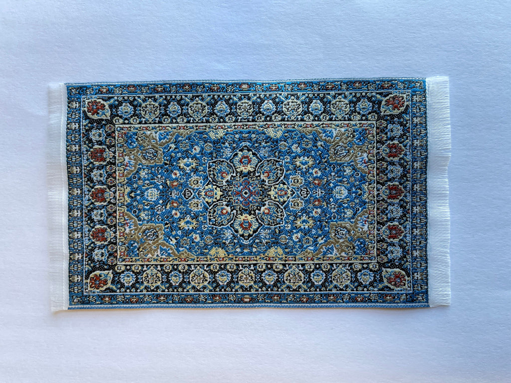 1:12 Scale Miniature Area Rug with Medallion, Floral Border and Fringe, 5-1/8 inch long, DIY Dollhouse Supply (navy blue)
