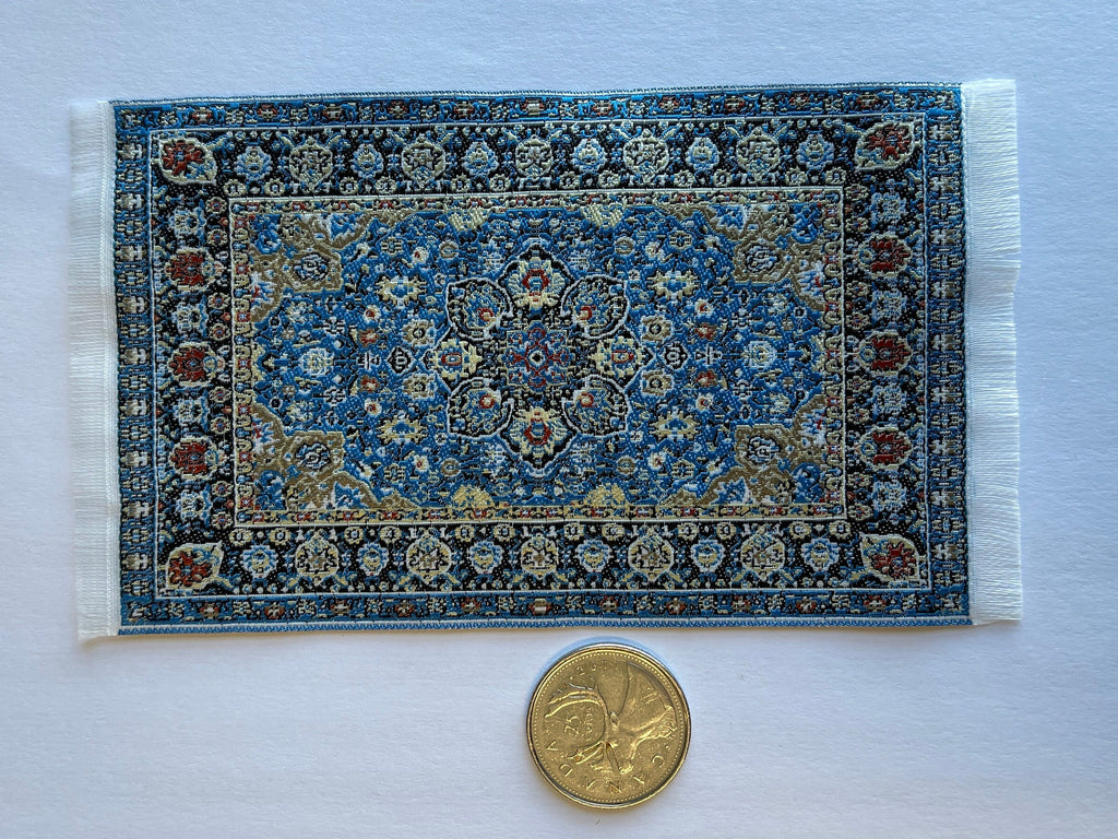 1:12 Scale Miniature Area Rug with Medallion, Floral Border and Fringe, 5-1/8 inch long, DIY Dollhouse Supply (navy blue)