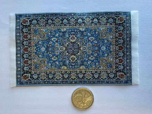 1:12 Scale Miniature Area Rug with Medallion, Floral Border and Fringe, 5-1/8 inch long, DIY Dollhouse Supply (navy blue)