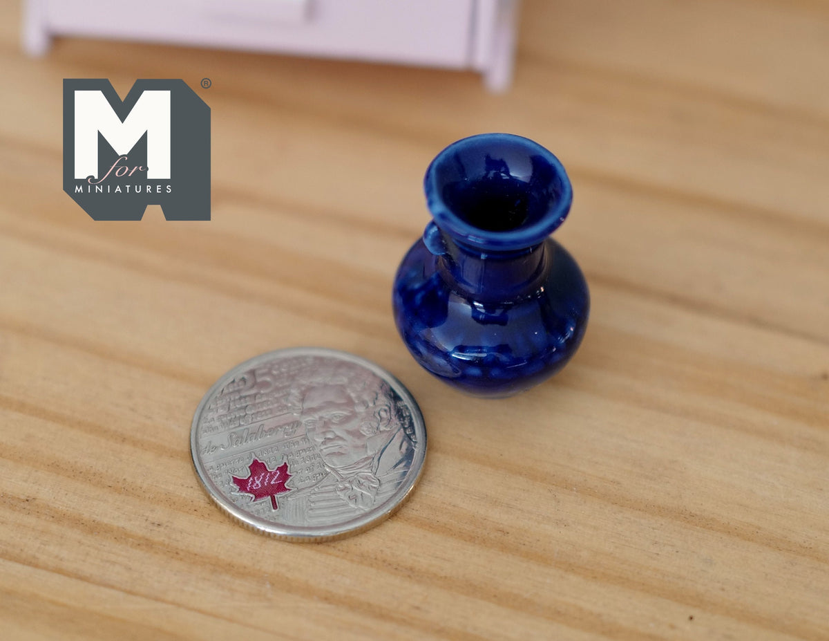 1:12 Scale Miniature Ceramic Vase, Round with Flared Neck, 15/16 inch tall, DIY Dollhouse Supply (cobalt blue)