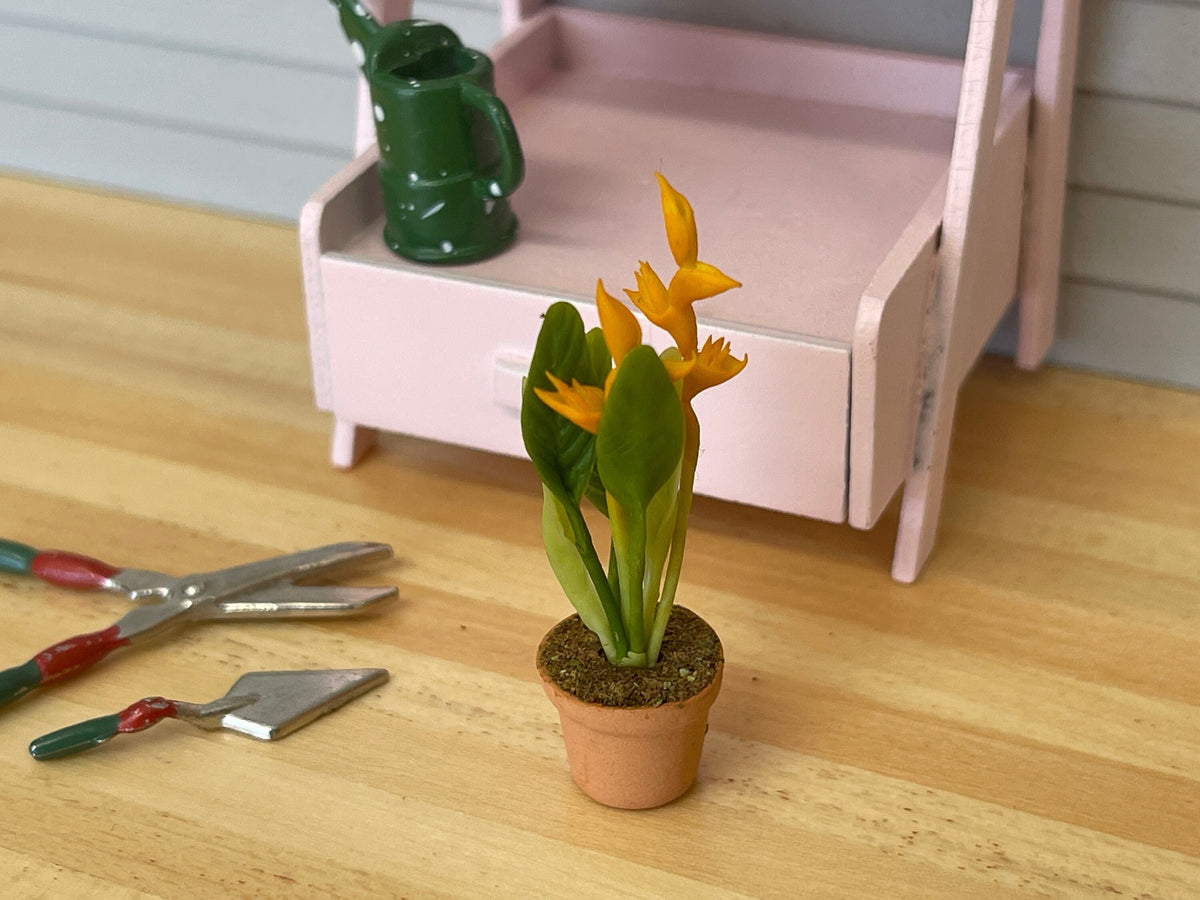 1:12 Scale Miniature Clay Pot with Yellow Flowers and Long Leaves, 1-15/16 inch tall, DIY Dollhouse Supply