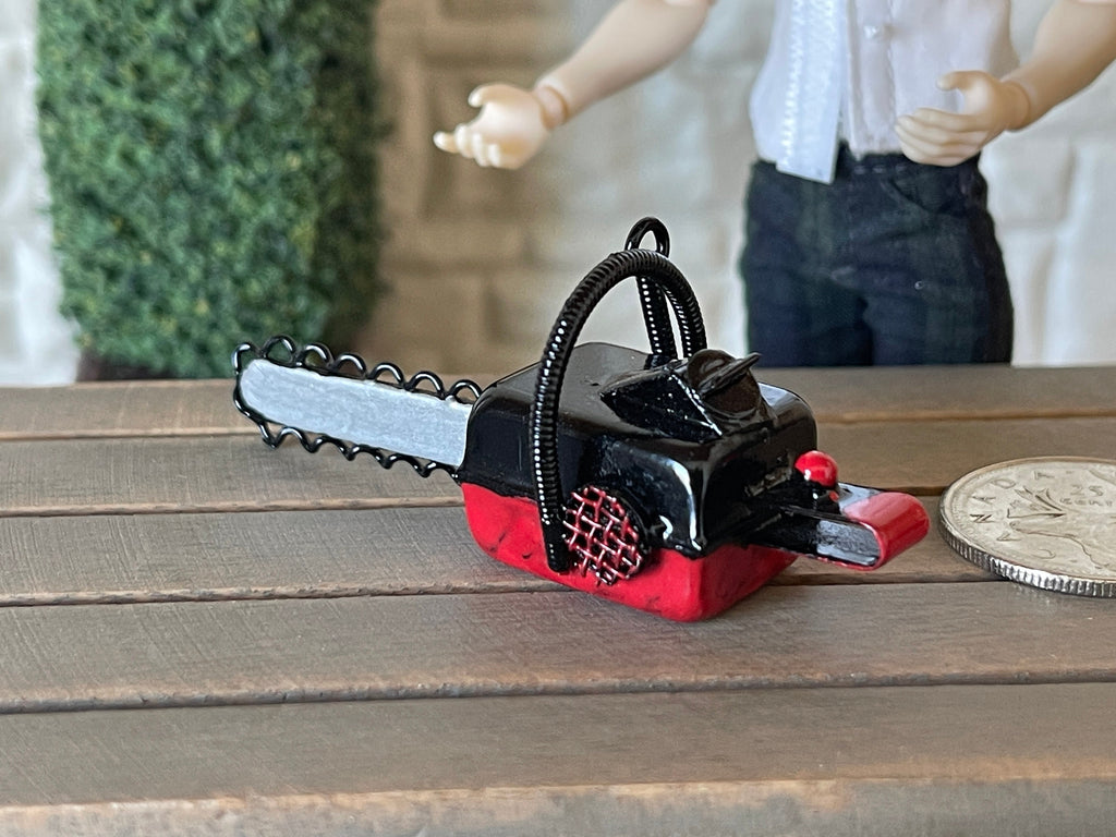 1:12 Scale Miniature Metal Chainsaw with Handle, 2-5/8 inch long, DIY Dollhouse Supply (red and black)