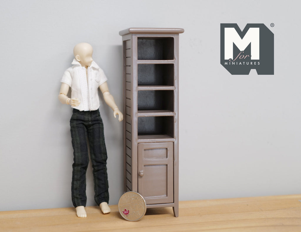 1:12 Scale Miniature Wood Bathroom Cabinet, Open Shelves and Door, 6 inch tall, DIY Dollhouse Supply (brown)