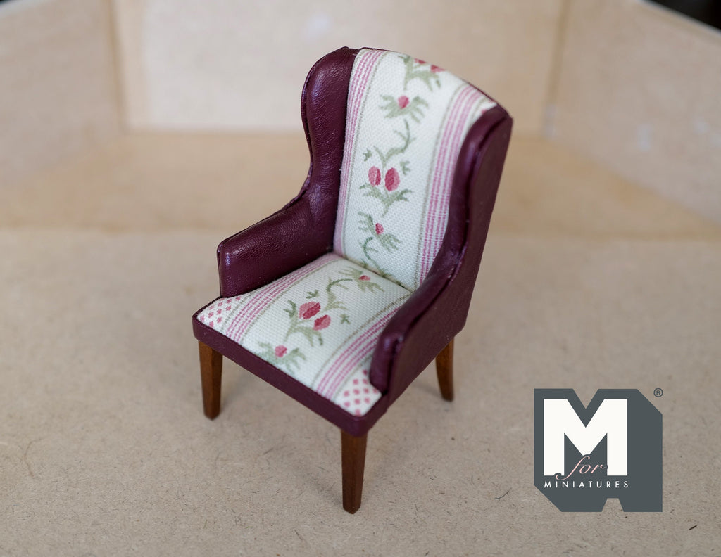 1:12 Scale Miniature Faux Leather Wingback Armchair, Floral Fabric Seat, 3-15/16 inch tall, DIY Dollhouse Supply (burgundy)
