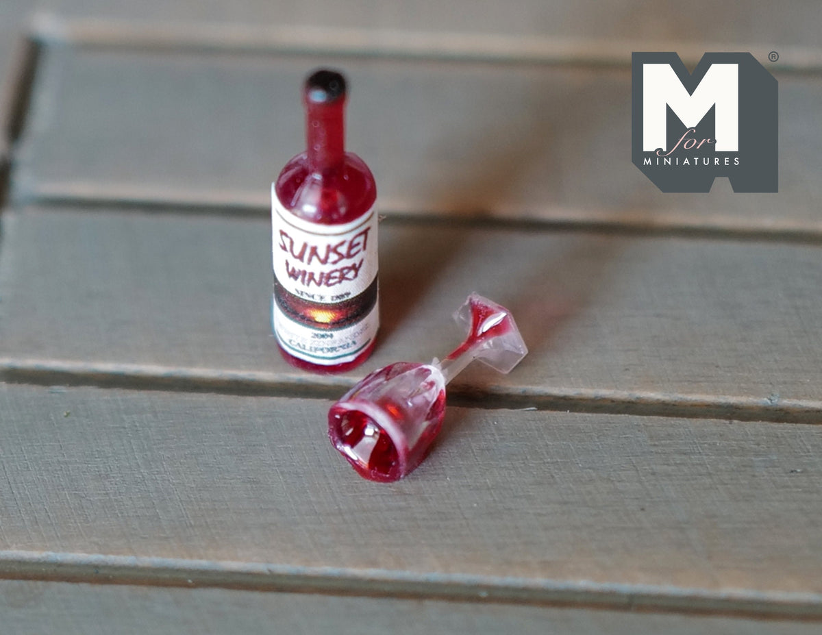1:12 Scale Miniature Spilled Wine Set, Wine Bottle and Tipped Glass, 1 inch tall, DIY Dollhouse Supply