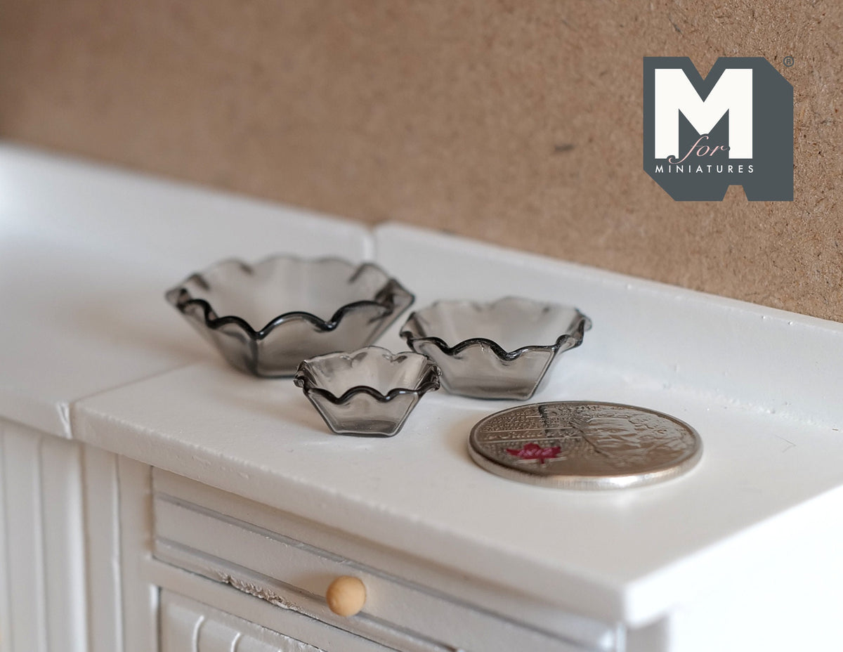 1:12 Scale Miniature Scalloped Mixing Bowls, Set of 3, Large, Medium and Small, 1-1/16 inch dia., DIY Dollhouse Supply (gray)