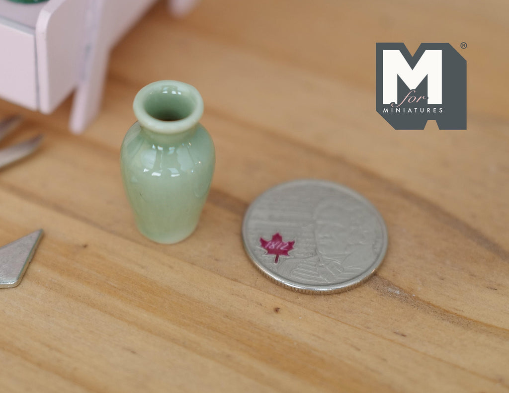 1:12 Scale Miniature Ceramic Baluster Vase, Narrow Neck, 1-1/16 inch tall, DIY Dollhouse Supply (celadon green)