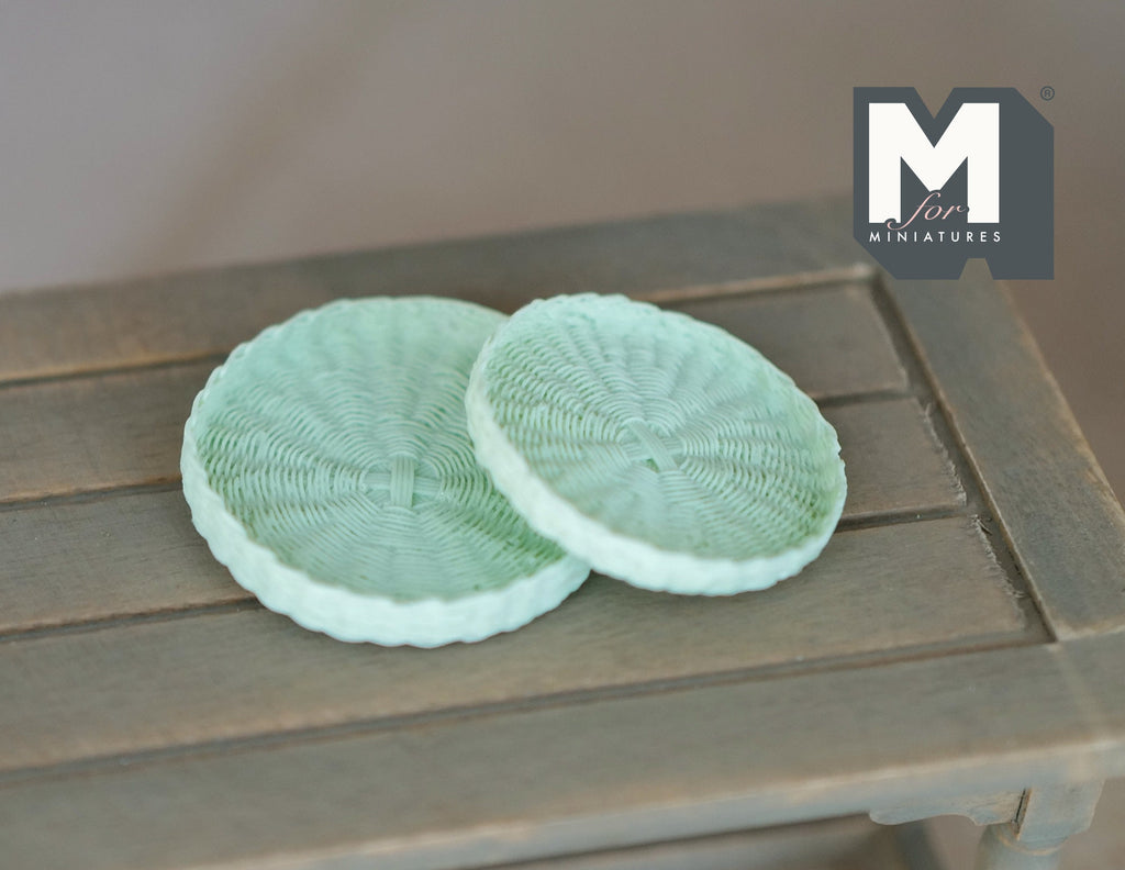 1:12 Scale Miniature Woven Look Round Trays, Set of 2, 1-5/8 inch dia., DIY Dollhouse Supply (light green)