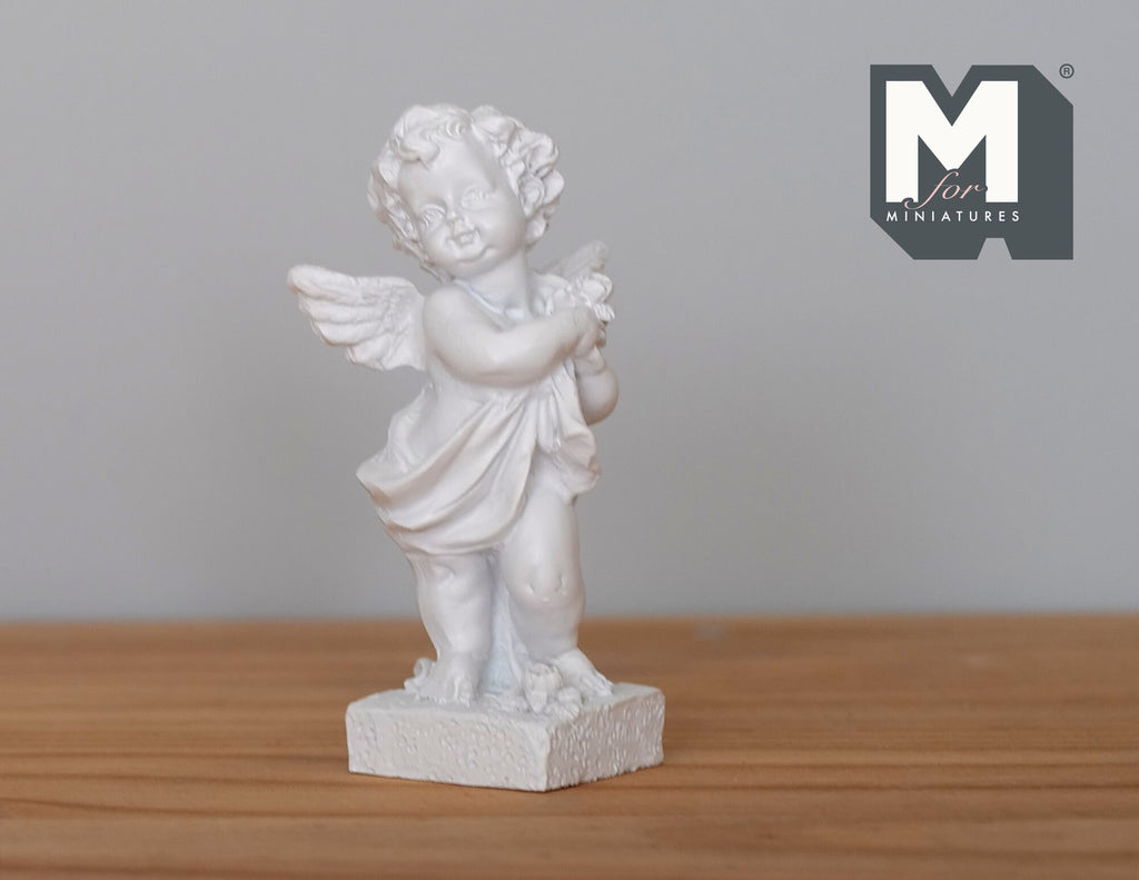 1:12 Scale Miniature Angel Statue on Square Pedestal, 3-3/8 inch tall, DIY Dollhouse Supply (white)
