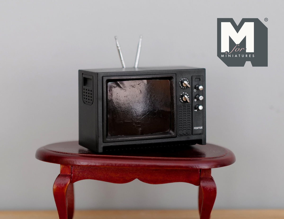 1:12 Scale Miniature Retro Television with Antenna, 1-5/16 inch tall, DIY Dollhouse Supply (black)