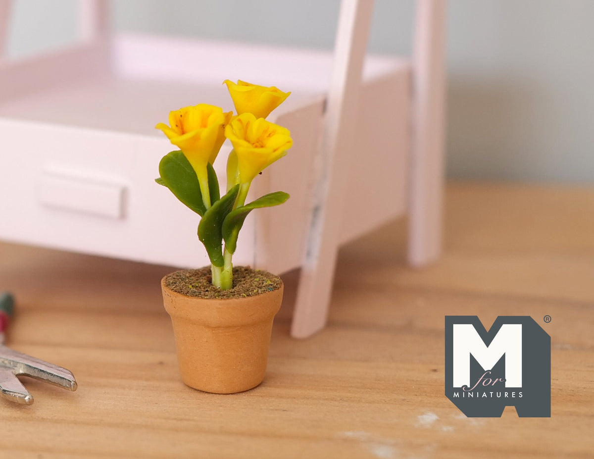 1:12 Scale Miniature Potted Tulips, Terracotta Pot, 1-5/16 inch tall, DIY Dollhouse Supply (yellow)