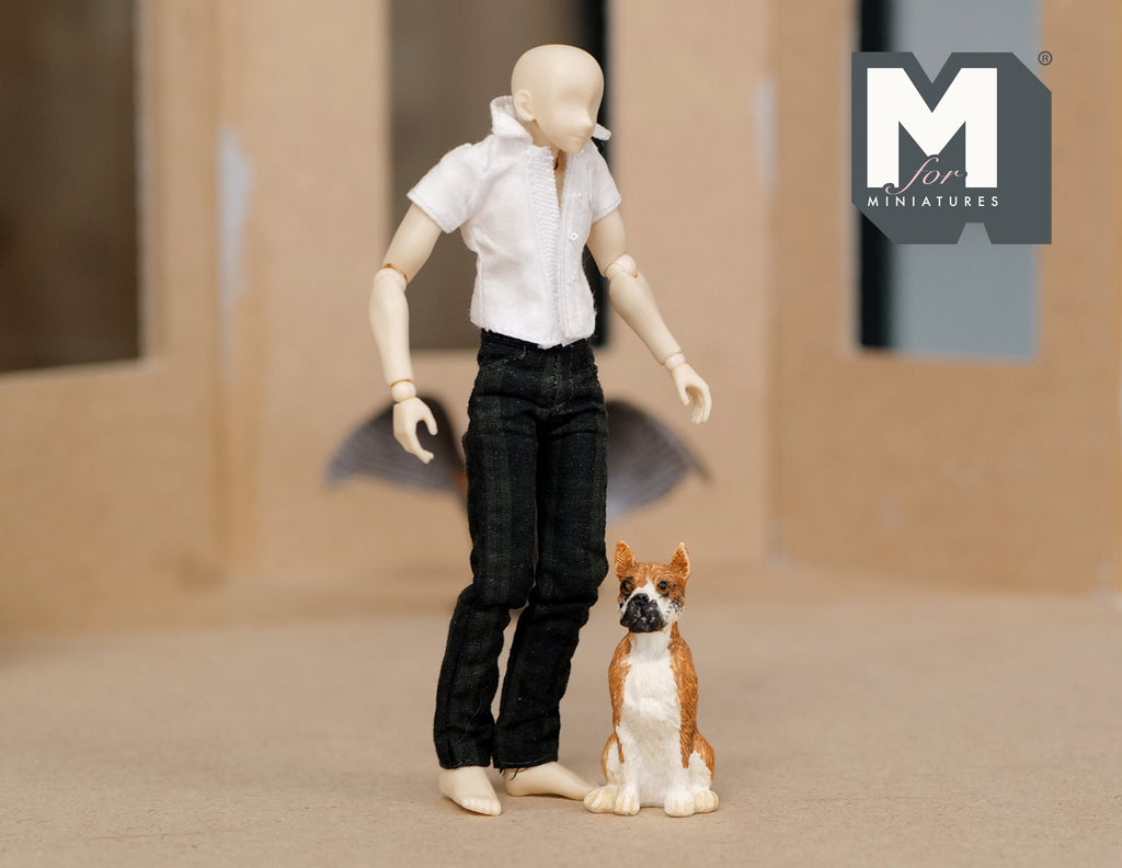 1:12 Scale Miniature Sitting Boxer Dog, 2 inch tall, DIY Dollhouse Supply (brown and white)
