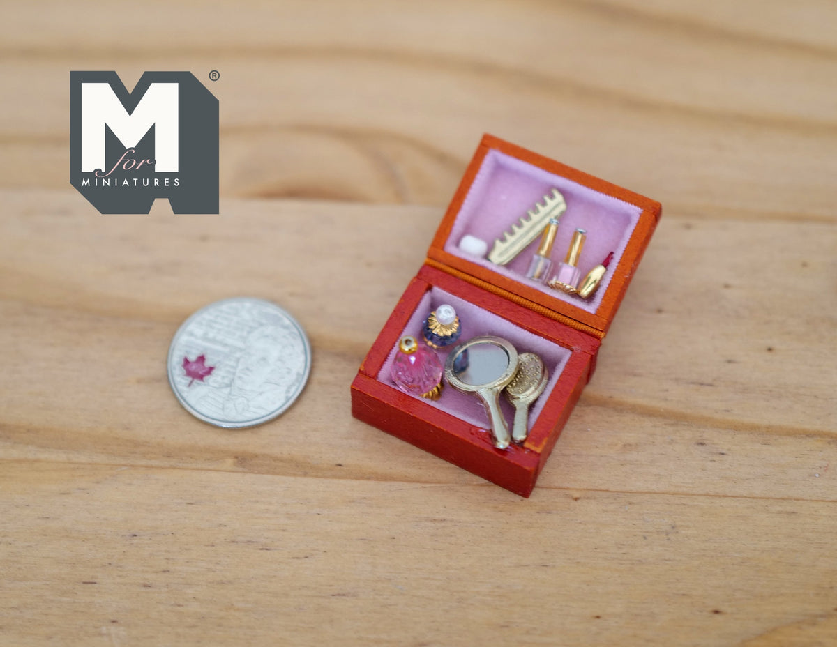 1:12 Scale Miniature Vanity Box with Mirror and Accessories, 1-3/16 inch long, DIY Dollhouse Supply (red)
