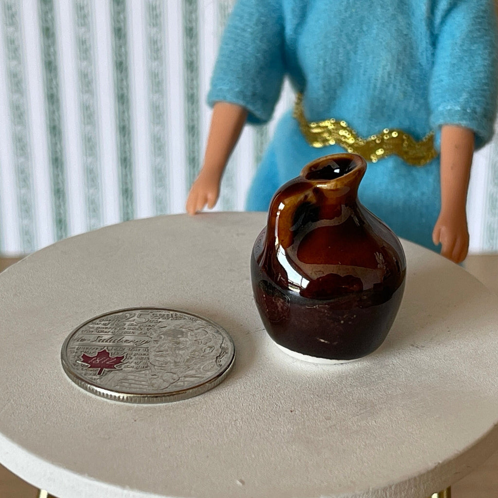 1:12 Scale Miniature Glazed Ceramic Jug with Handle, 1 inch tall, DIY Dollhouse Supply (dark brown)