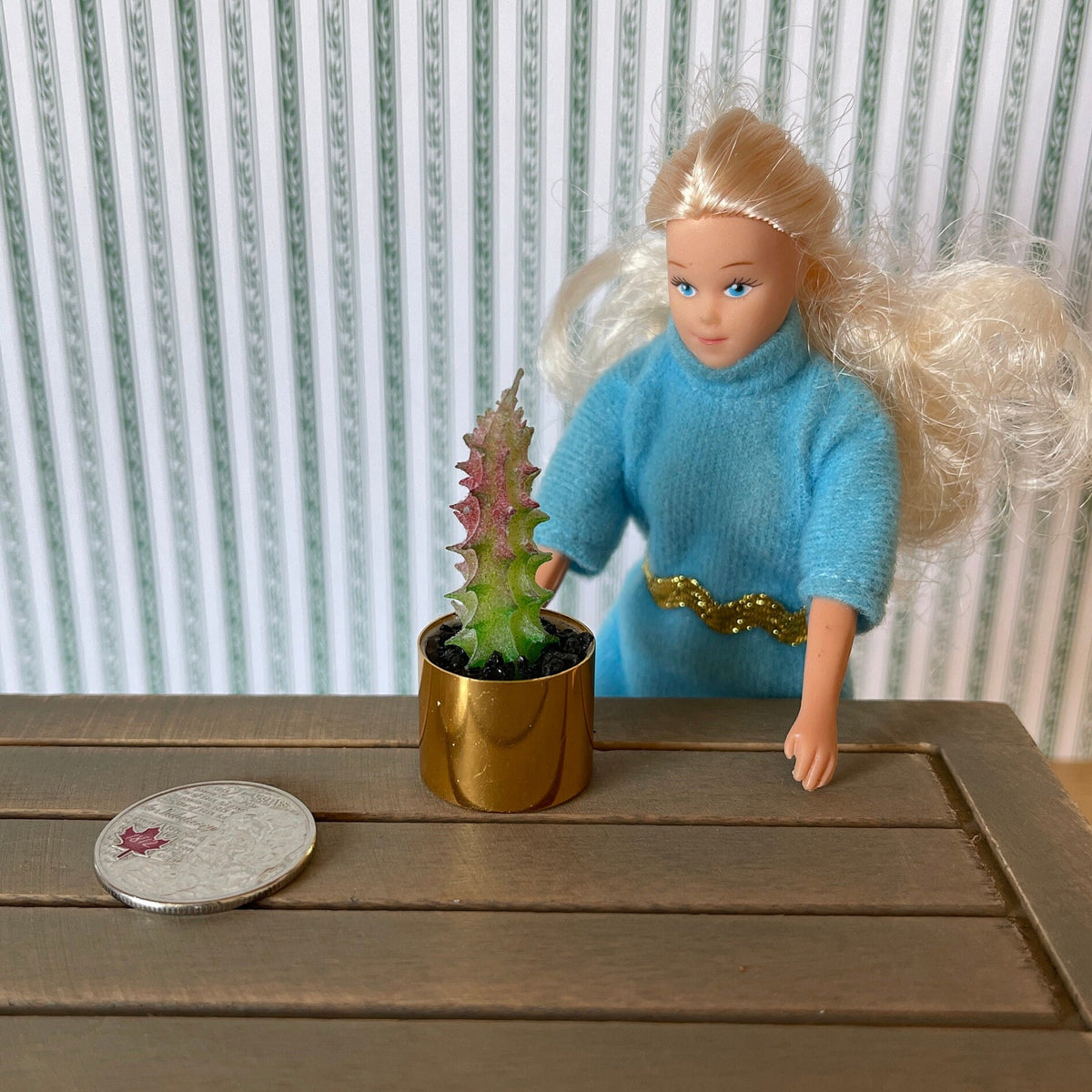 1:12 Scale Miniature Cactus with Pink Tips in Gold Round Metal Pot, 1-7/8 inch tall, DIY Dollhouse Supply (tall)
