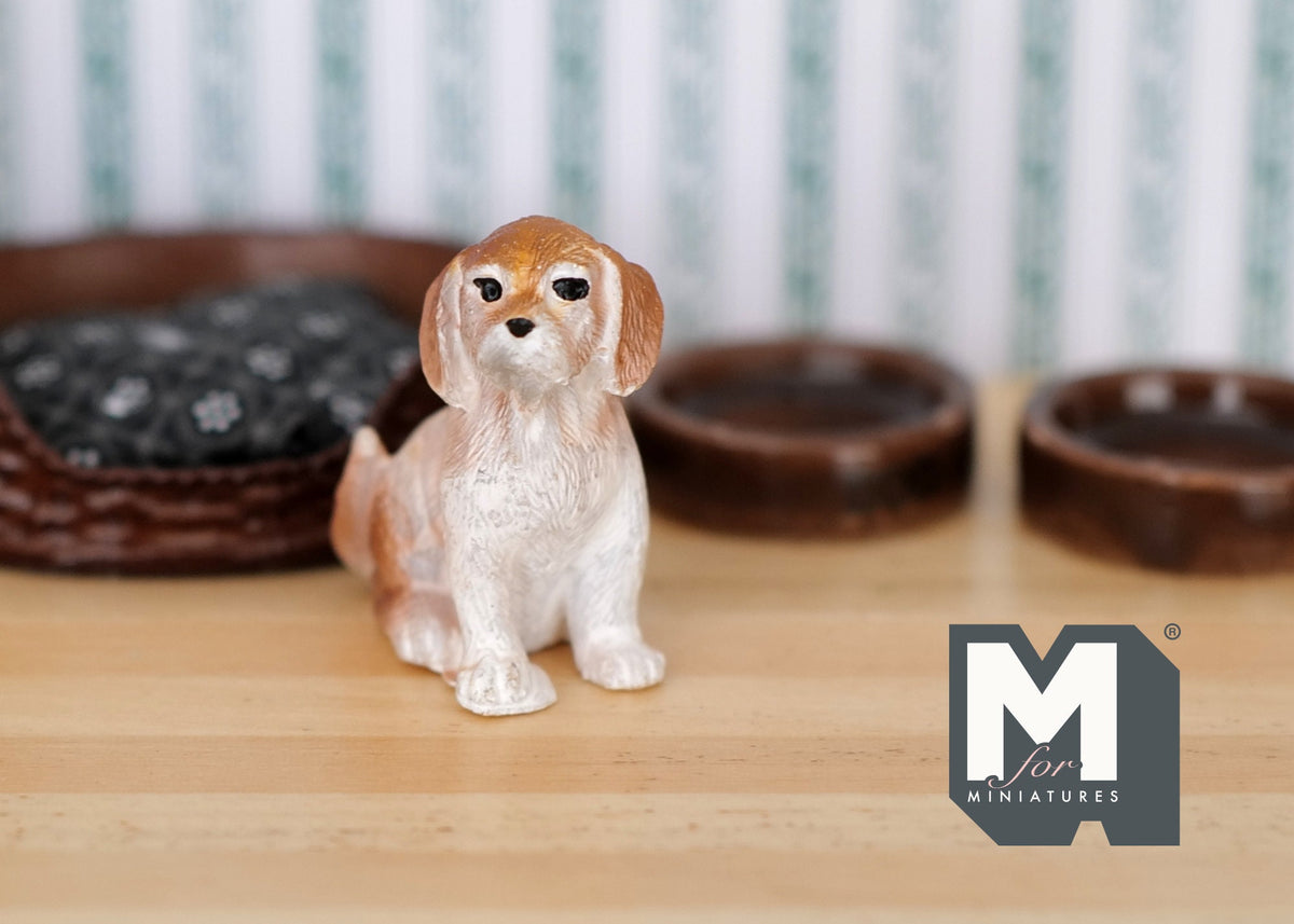 1:12 Scale Miniature Sitting Puppy Figurine, 1-3/16 inch tall, DIY Dollhouse Supply (brown and white)