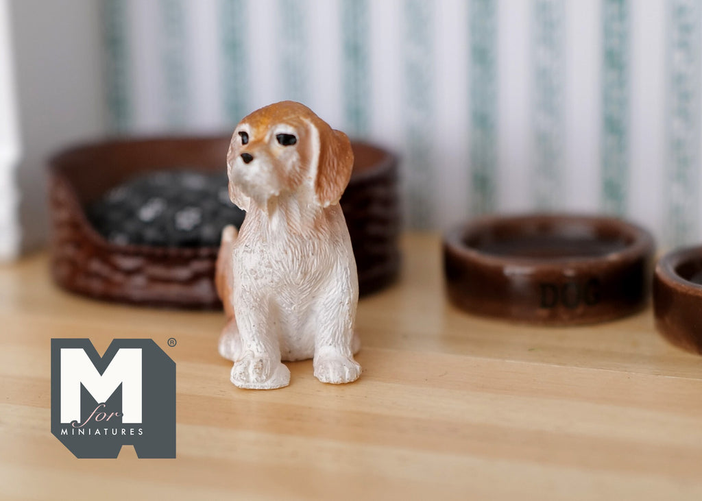 1:12 Scale Miniature Sitting Puppy Figurine, 1-3/16 inch tall, DIY Dollhouse Supply (brown and white)