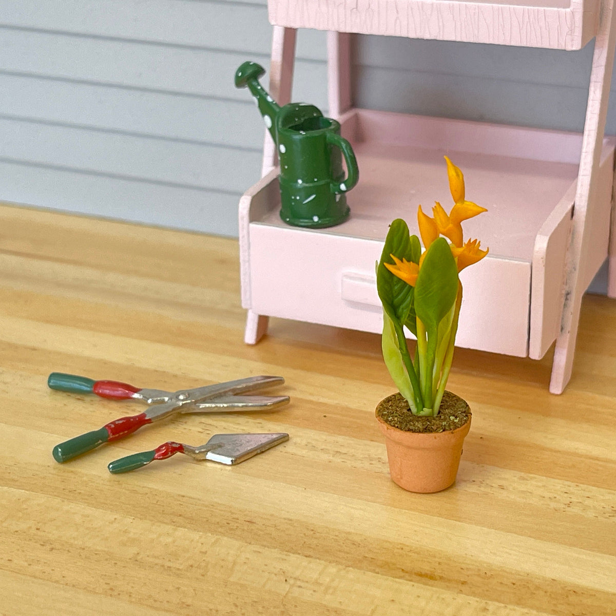 1:12 Scale Miniature Clay Pot with Yellow Flowers and Long Leaves, 1-15/16 inch tall, DIY Dollhouse Supply