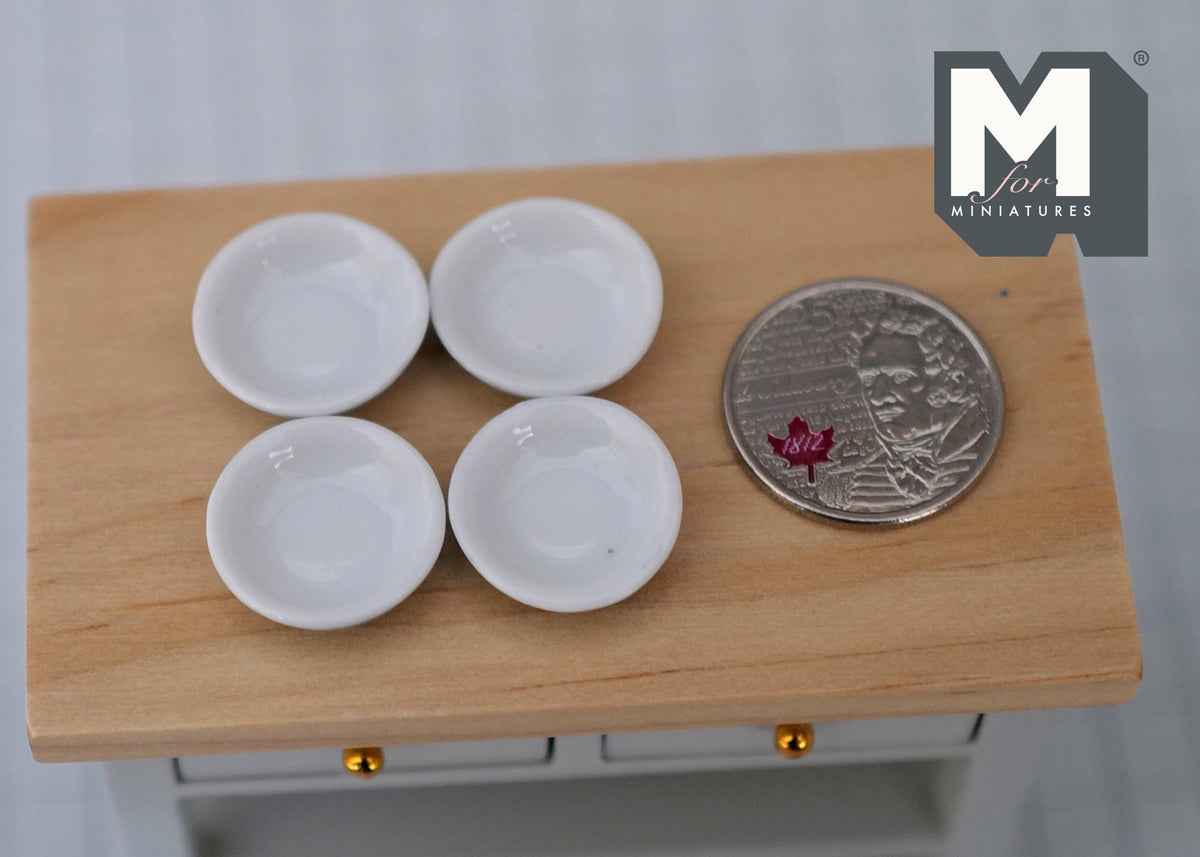 1:12 Scale Miniature Ceramic Bowls, Set of 4, 3/4 inch dia., DIY Dollhouse Supply (white)