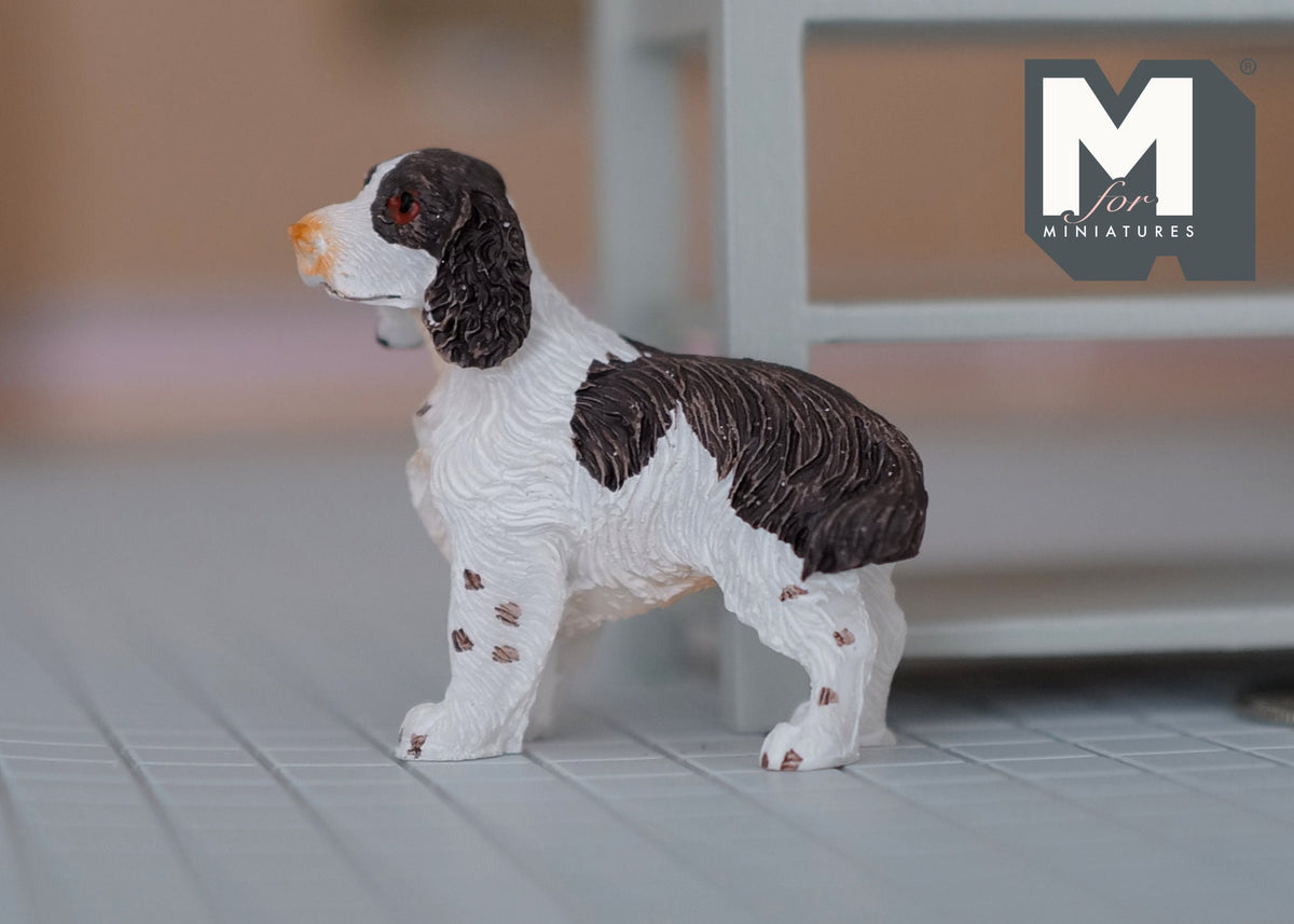 1:12 Scale Miniature Standing Springer Spaniel Dog, 1-3/4 inch long, DIY Dollhouse Supply (white and brown)