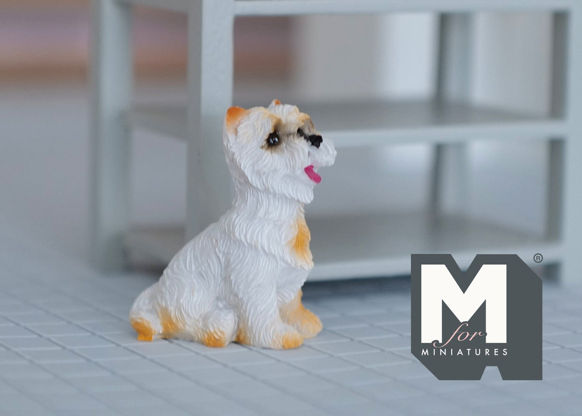 1:12 Scale Miniature Sitting Terrier Dog, 1-9/16 inch tall, DIY Dollhouse Supply (cast resin) (white and tan)