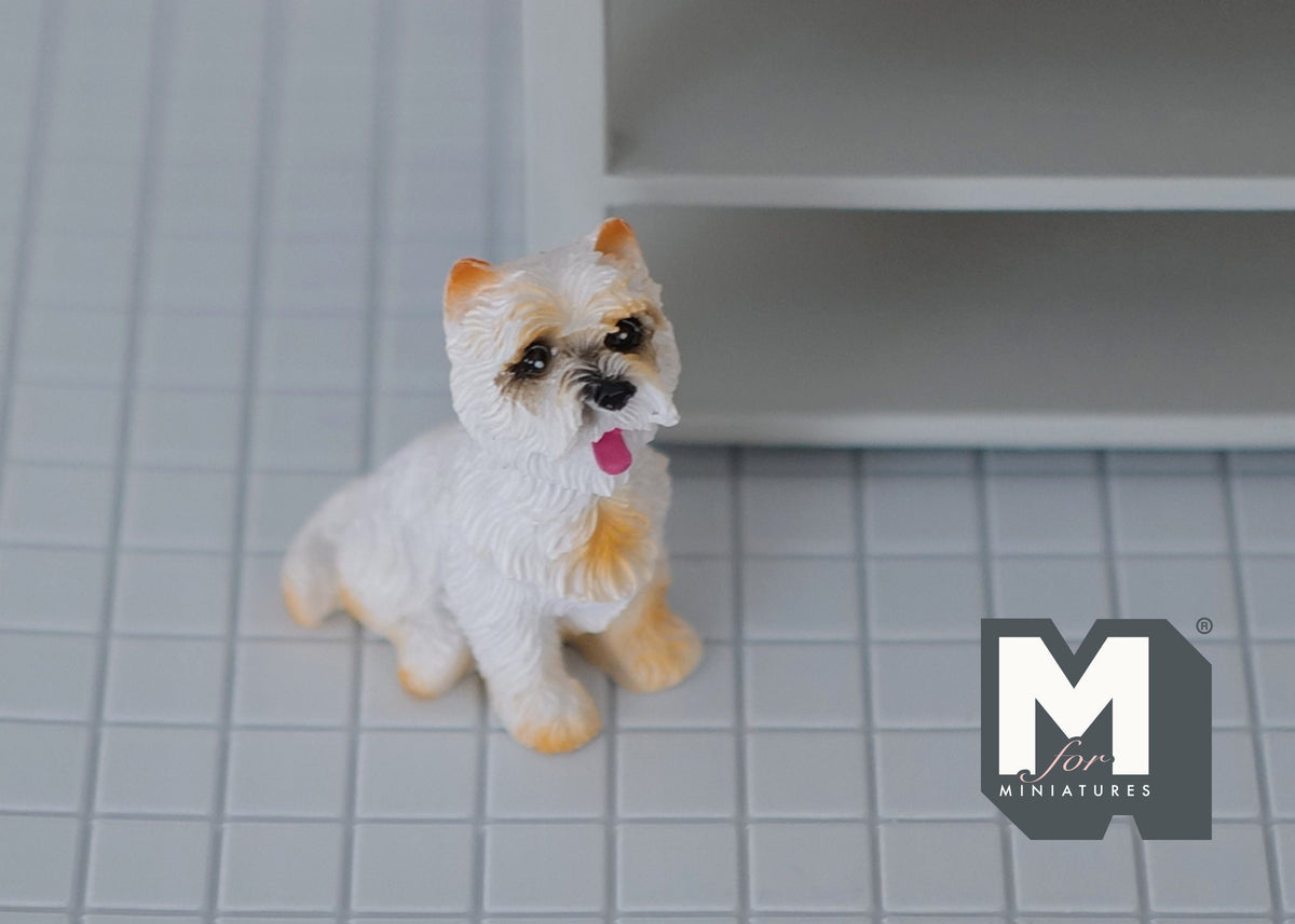 1:12 Scale Miniature Sitting Terrier Dog, 1-9/16 inch tall, DIY Dollhouse Supply (cast resin) (white and tan)
