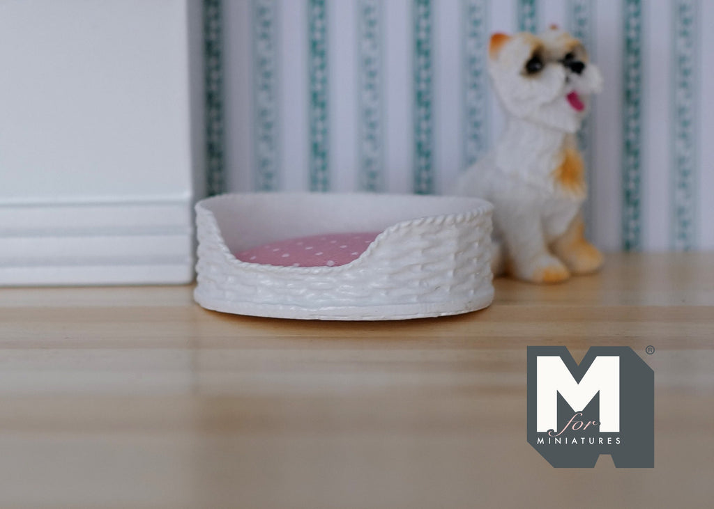 1:12 Scale Miniature Pet Bed with Cushion, 1-3/4 inch long, DIY Dollhouse Supply (white and pink)