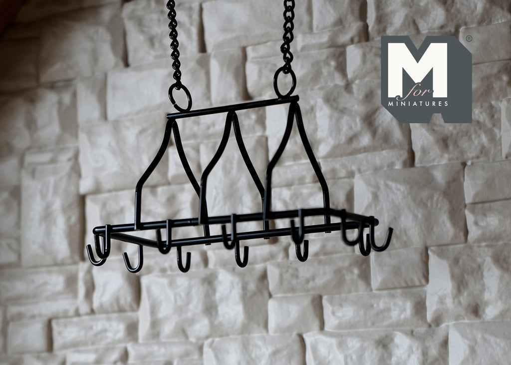 1:12 Scale Miniature Metal Ceiling Pot Rack with S Hooks and Chains, 3-3/4 inch long, DIY Dollhouse Supply (black)
