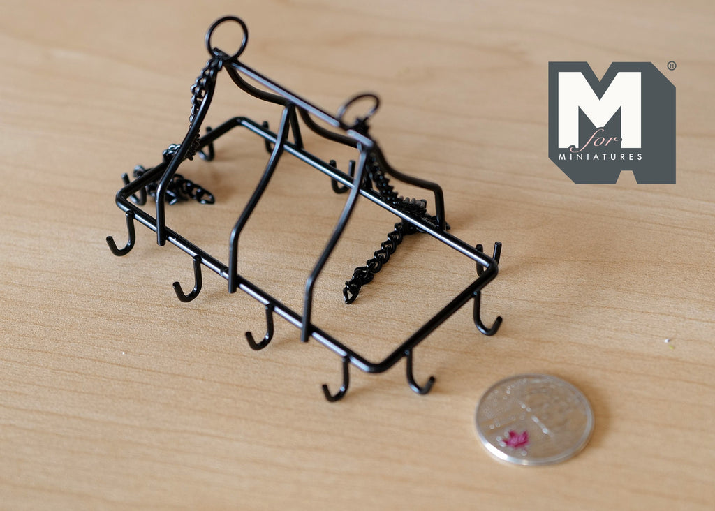 1:12 Scale Miniature Metal Ceiling Pot Rack with S Hooks and Chains, 3-3/4 inch long, DIY Dollhouse Supply (black)