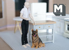 1:12 scale miniature sitting German Shepherd dog in black and tan, shown on a kitchen floor beside a poseable figure