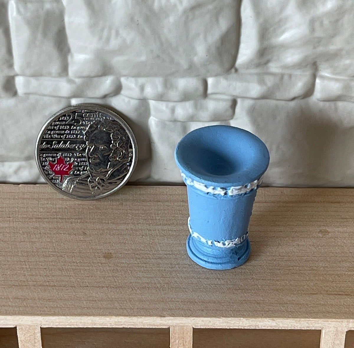 1:12 Scale Miniature Trumpet Vase with White Relief Figures, 1-1/8 inch tall, DIY Dollhouse Supply (cast resin) (pale blue)