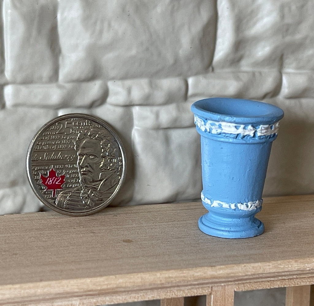 1:12 Scale Miniature Trumpet Vase with White Relief Figures, 1-1/8 inch tall, DIY Dollhouse Supply (cast resin) (pale blue)