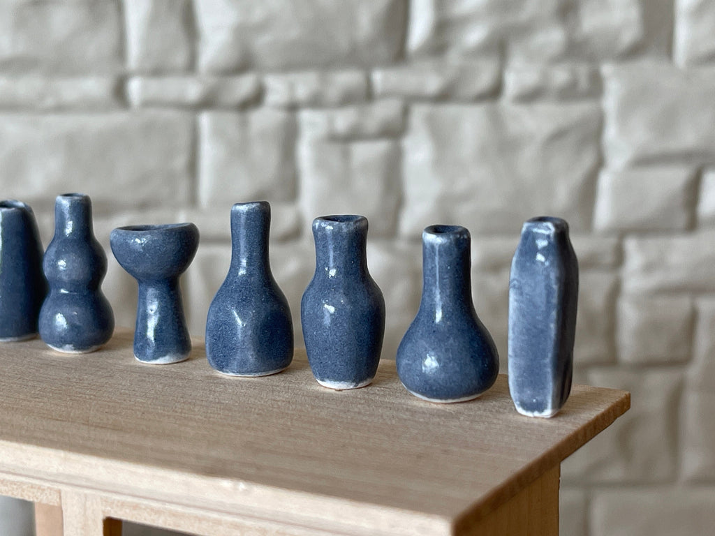 1:12 Scale Miniature Ceramic Vases, Assorted Shapes, Set of 12, 11/16 inch tall, DIY Dollhouse Supply (slate blue) (extra small)