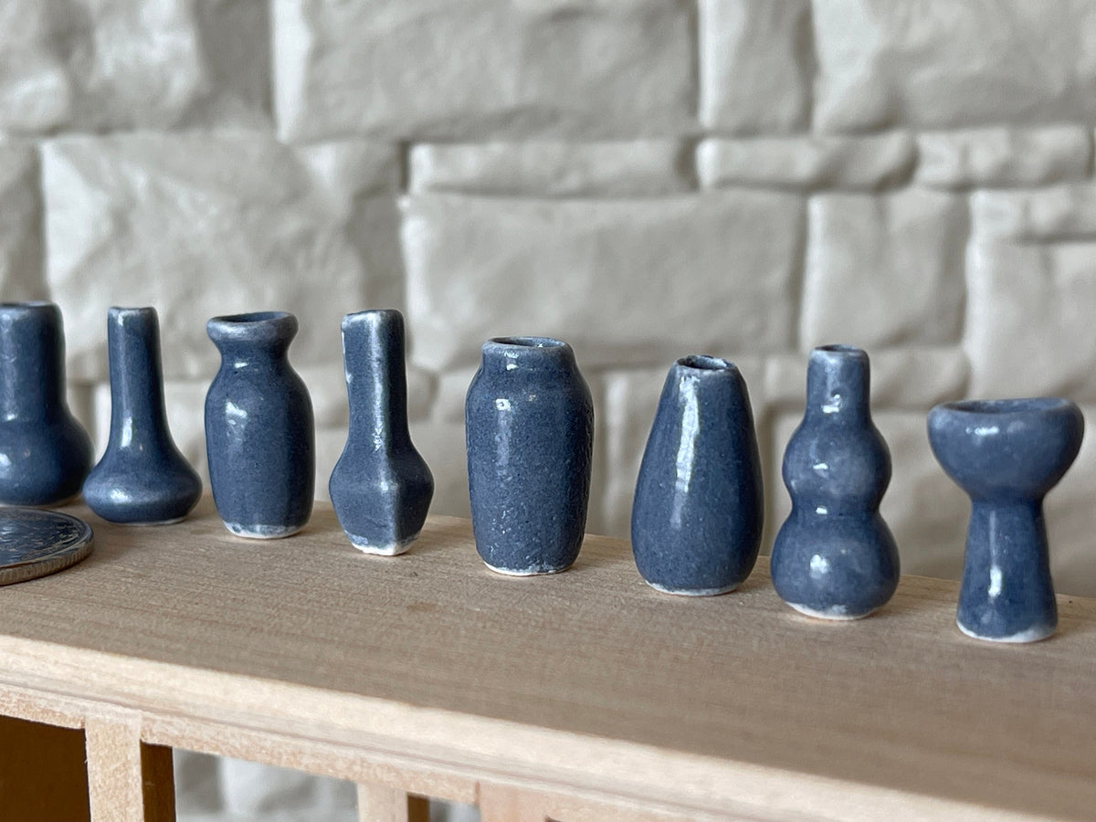 1:12 Scale Miniature Ceramic Vases, Assorted Shapes, Set of 12, 11/16 inch tall, DIY Dollhouse Supply (slate blue) (extra small)