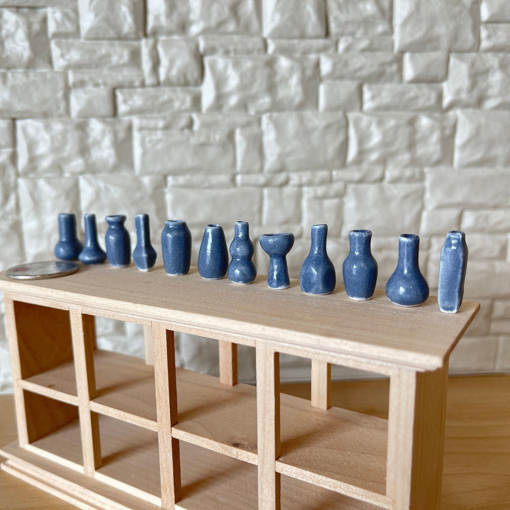 1:12 Scale Miniature Ceramic Vases, Assorted Shapes, Set of 12, 11/16 inch tall, DIY Dollhouse Supply (slate blue) (extra small)