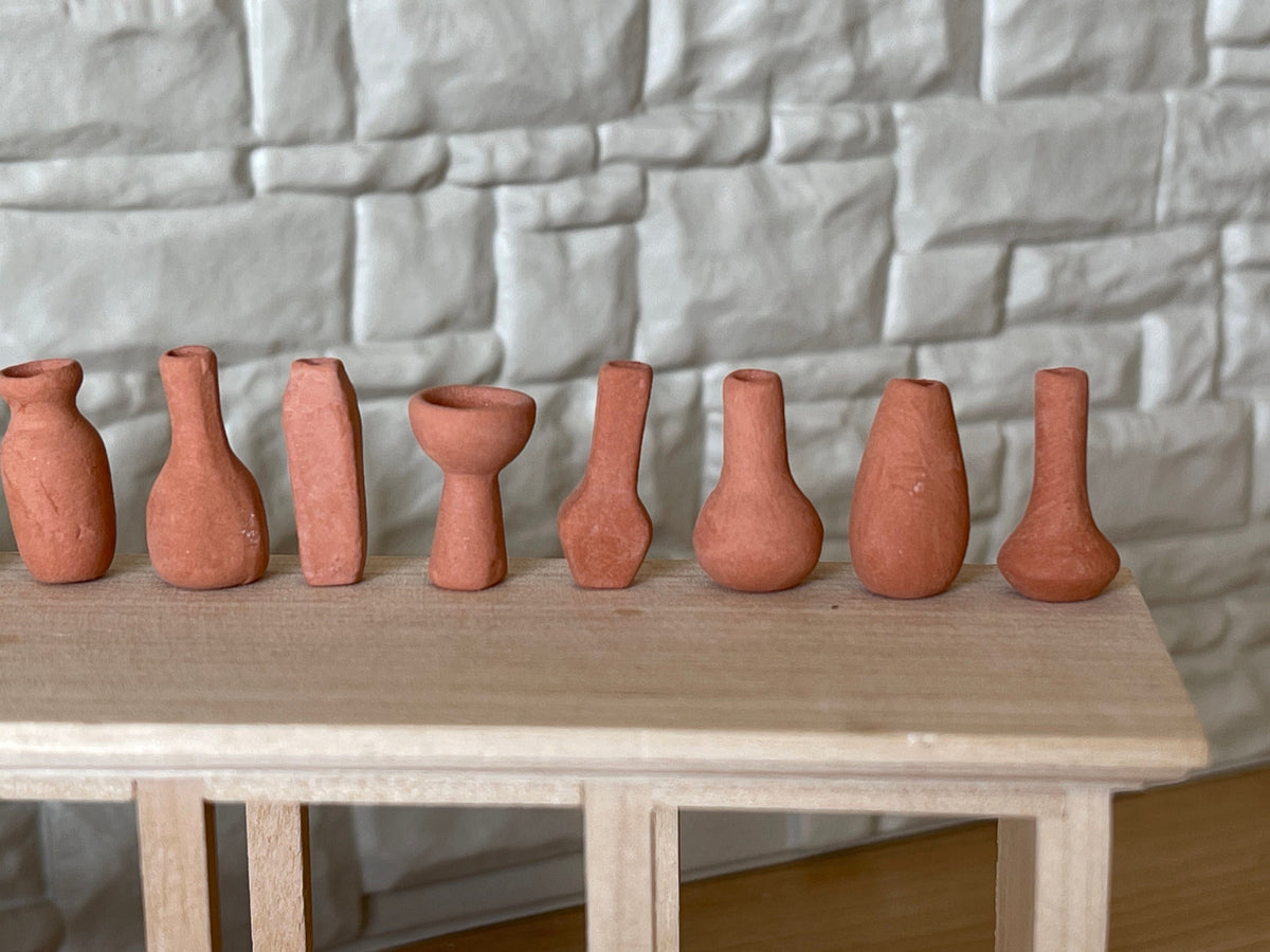 1:12 Scale Miniature Terracotta Vases, Set of 12, Assorted Shapes, 11/16 inch tall, DIY Dollhouse Supply (extra small)