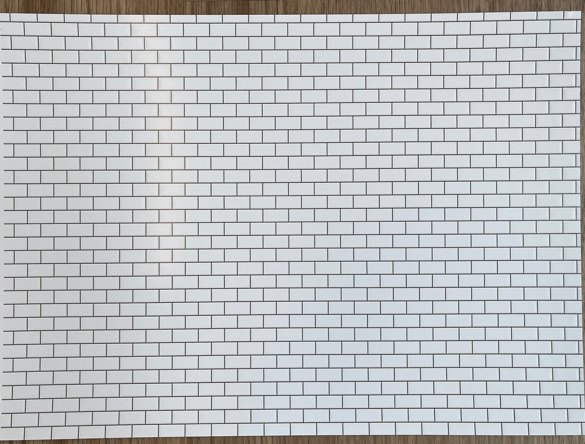 Miniature White Embossed Subway Tile Sheet with Dark Grout, 15-15/16 x 11-5/8 inch, DIY Dollhouse Supply