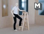 1:12 scale miniature unpainted wood step ladder with 4 steps, shown with an artist figure stepping on it