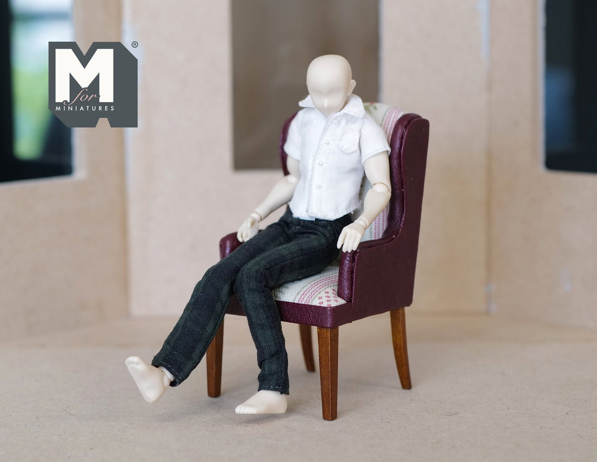 1:12 Scale Miniature Faux Leather Wingback Armchair, Floral Fabric Seat, 3-15/16 inch tall, DIY Dollhouse Supply (burgundy)