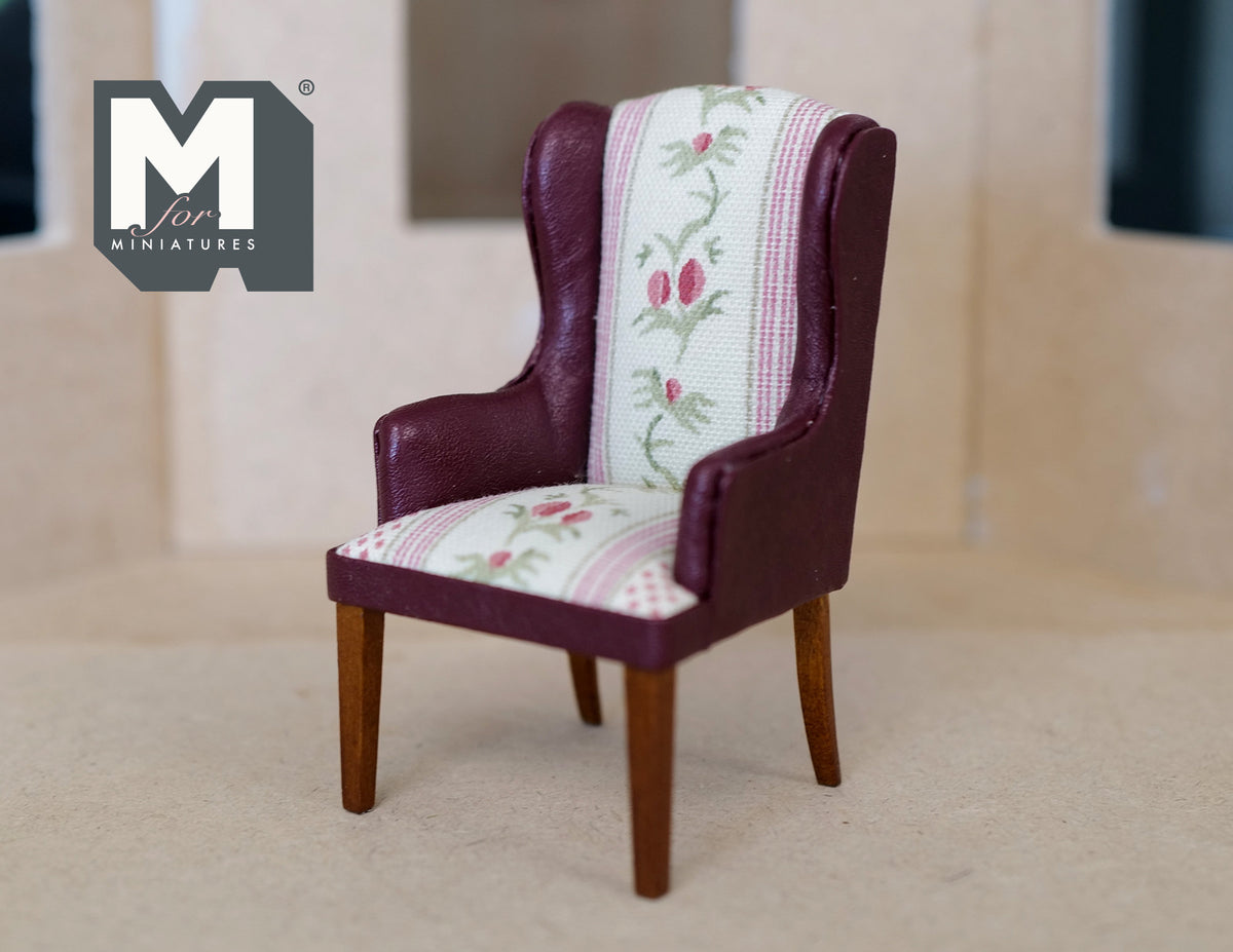 1:12 Scale Miniature Faux Leather Wingback Armchair, Floral Fabric Seat, 3-15/16 inch tall, DIY Dollhouse Supply (burgundy)