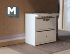 1:12 scale miniature white kitchen range with 4 burner cooktop, oven door and drawer, shown on a wood floor