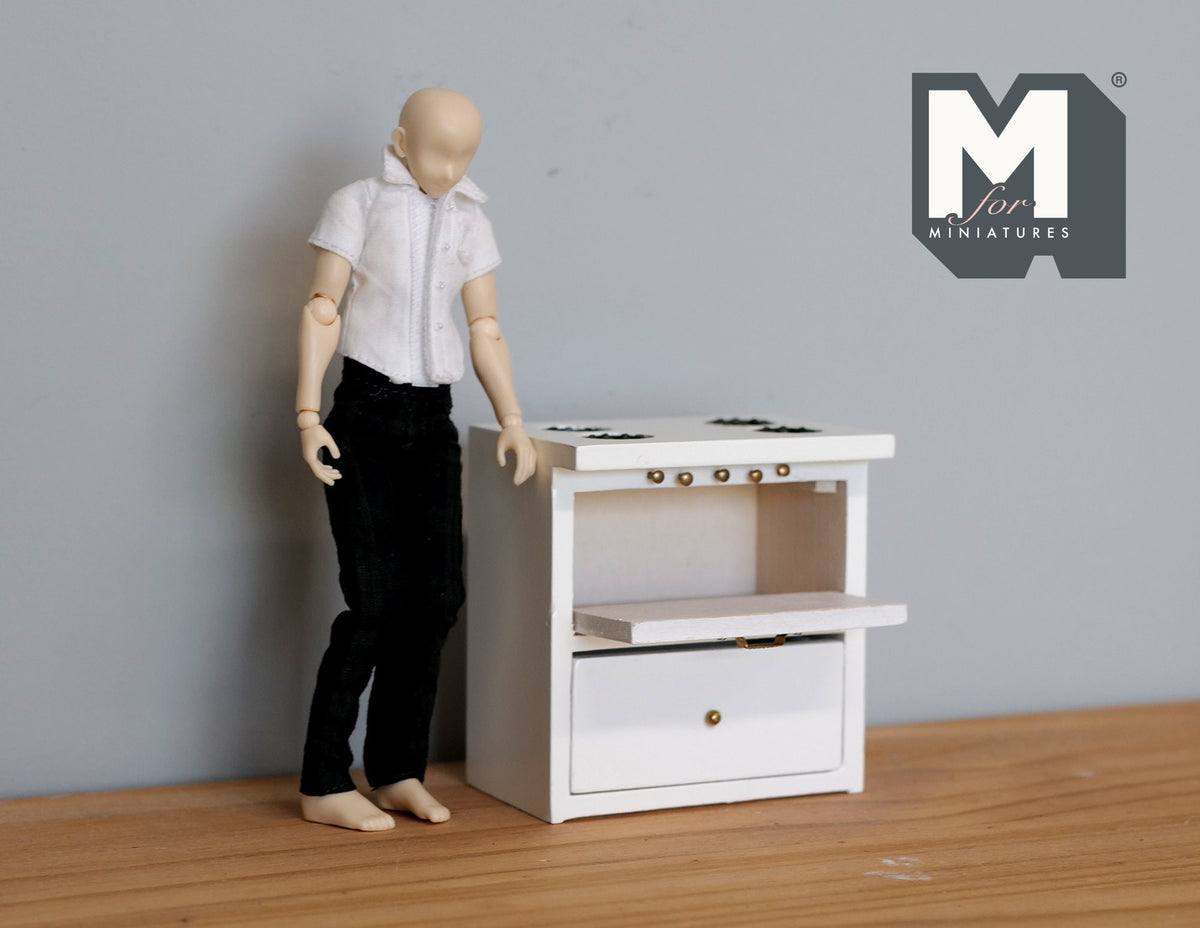 1:12 Scale Miniature Kitchen Range with 4 Burner Cooktop and Drawer, 2-15/16 inch tall, DIY Dollhouse Supply (white)