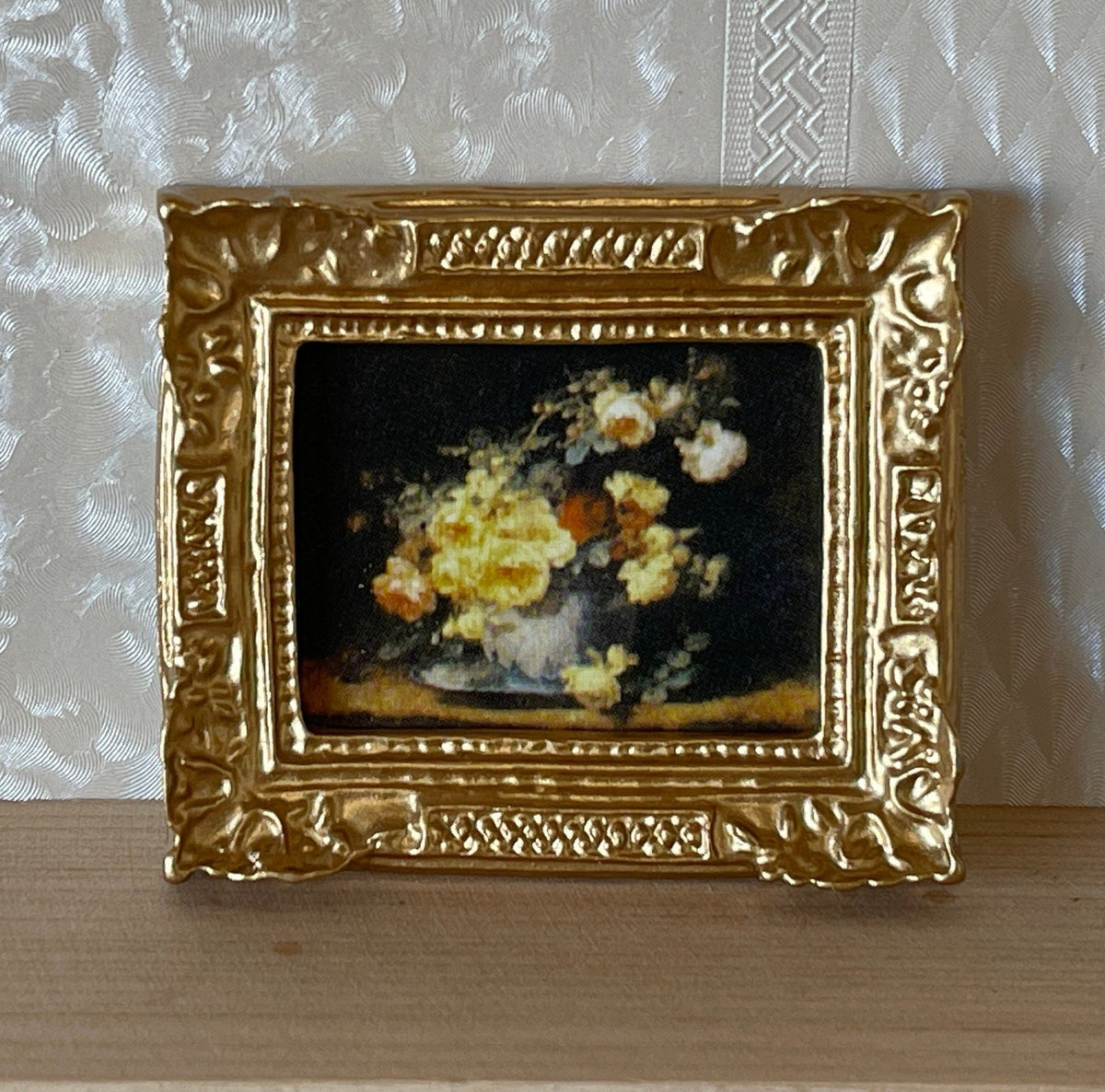 1:12 Scale Miniature Flower Painting in Ornate Frame, 2-3/8 inch wide, DIY Dollhouse Supply (gold)